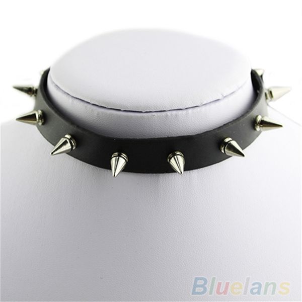 

men gothic women faux leather spike rivet choker punk necklace jewelry, Silver