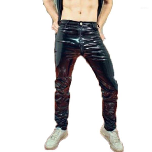 Erkek pantolon artı boyutu erkekler seksi wetlook tozluk deri fermuar açık kasık egzotik catsuit pvc clubwear kostüm gay fetiş pantolon1