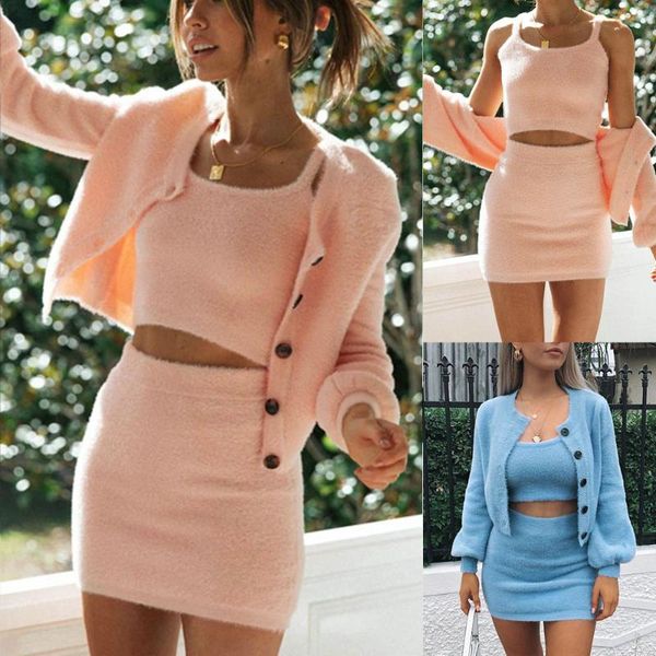 

women's tracksuits agoagoago winter three piece set with tank jacket skirt velvet plush outfits for women velour clothes, Gray