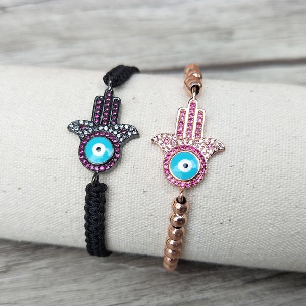 10 pçs micro pave cz estilo turco olho hamsa mão conector charme contas pulseira trançado macrame artesanato jóias presente bg145