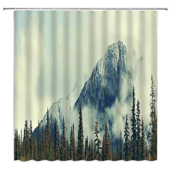 

national park shower curtain green pine forest snow mountain smoky natural scenery,70x70 inch polyester fabric bathroom