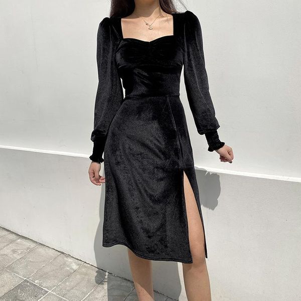 

casual dresses split hem women's dress square neck velvet party club fashion streetwear slim maxi gothic black vestido de mujer, Black;gray