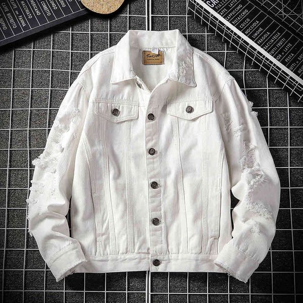 

hoodies autumn white pink black hole ripped denim jacket, solid color casual plus size 5xl hip hop street washed jacket