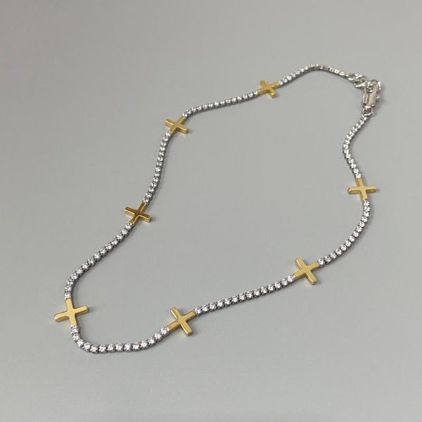 

chains full diamond zircon cross necklace tide light luxury simple clavicle chain women., Silver