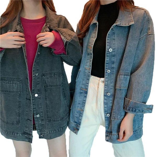 

women's jackets blue jean jacket autumn women korean clothes fashion turndown collar long sleeve denim casual loose gray coat, Black;brown