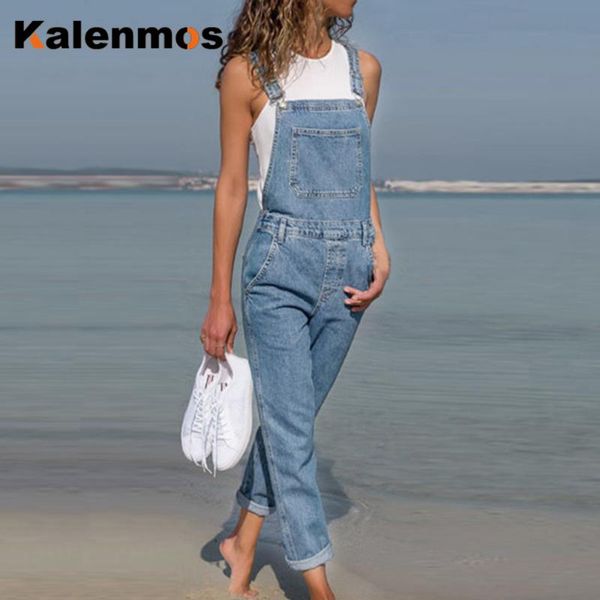 

women's jumpsuits & rompers kalenmos blue denim overalls jumpsuit women 2021 belted hole hollow out casual work pants jeans plus size s, Black;white