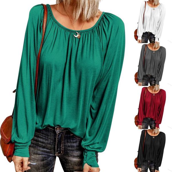 

women's t-shirt 2021 spring and autumn mid-length loose wild round neck solid color long-sleeved women pullover, White
