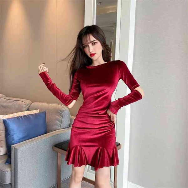 

women's mini dress autumn winter elegant goddess full waist o-neck velvet short slim fit ruffled a-line ml605 210506, Black;gray