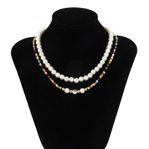 

chains personality bohemian necklace for women 2021 fashion jewelry colorful bead punk imitation pearl set wholesale, Silver