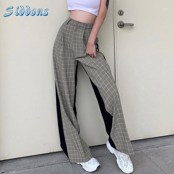 

pants women plaid stitching contrast color elastic high waist trousers loose suit female straight-leg women's & capris, Black;white