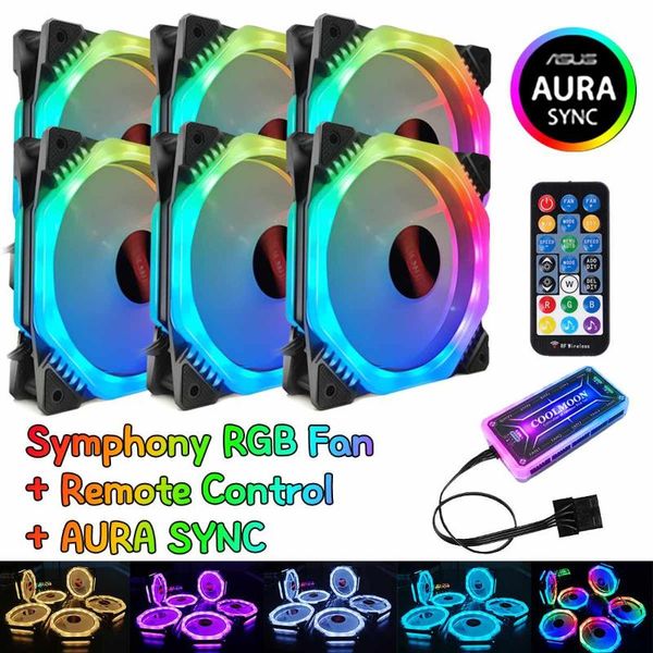 

upgraded 6pcs cpu cooling fan multi-colored rgb led cooler fans with music induction remote control pc computer case radiator & coolings