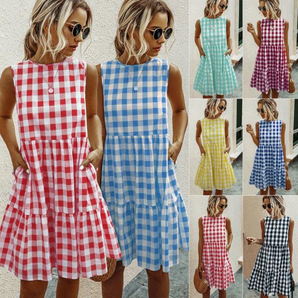 

summer fashion round neck plaid loose women's dress yellow red wine color dresses woman party night casual, Black;gray
