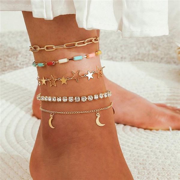 

anklets modyle bohemia gold color moon star crystal bracelet simple for women fashion party jewelry gifts, Red;blue
