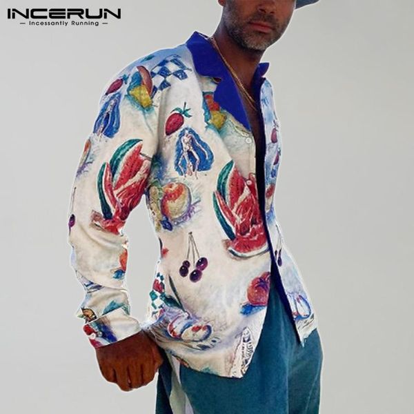 

men shirt lapel long sleeve button casual beach hawaiian shirts vacation streetwear printed chic camisa masculina incerun s-5xl men's, White;black