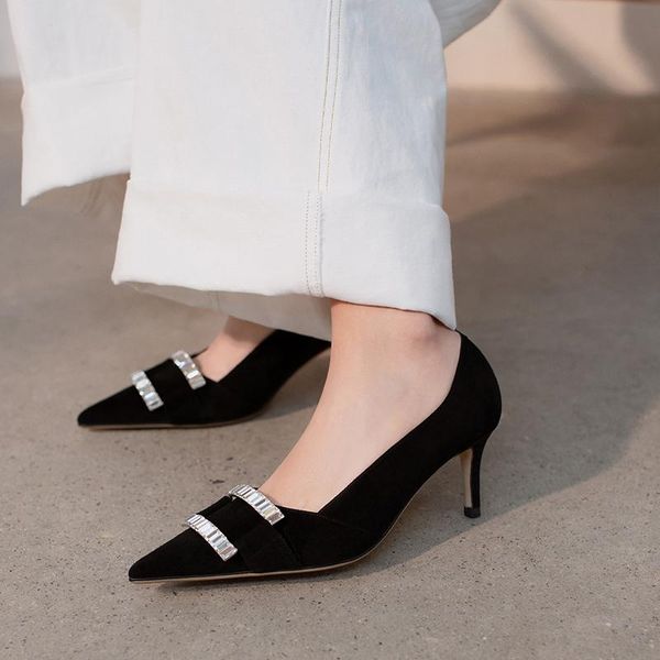 

dress shoes 2021 autumn winter leather high-heeled for women, pointed shallow mouth single shoes, simple leisure commuting, Black