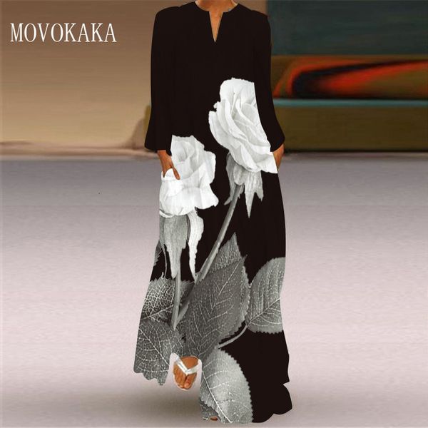 

casual dresses movokaka 3d rose printed black autumn long sleeve beach vintage woman elegant girls women 9ovy, Black;gray