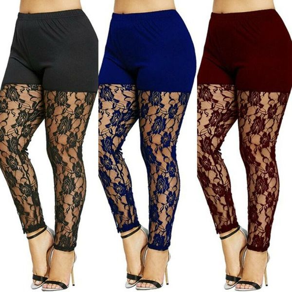 

women's leggings plus size 4xl lace hollow out for women high waist pencil pants skinny floral trouser casual style womens homewear, Black