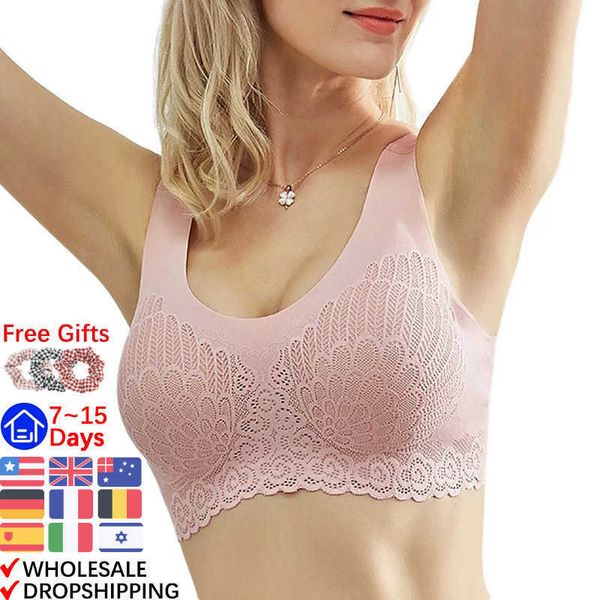 Atuendo 3 Pcs Plus Size Seamless Sey Sexy Bra para Mulheres Underwear Push Up Lace Bralette com Pad BH Vest Top Fio Livre Garota Brassiere 210623