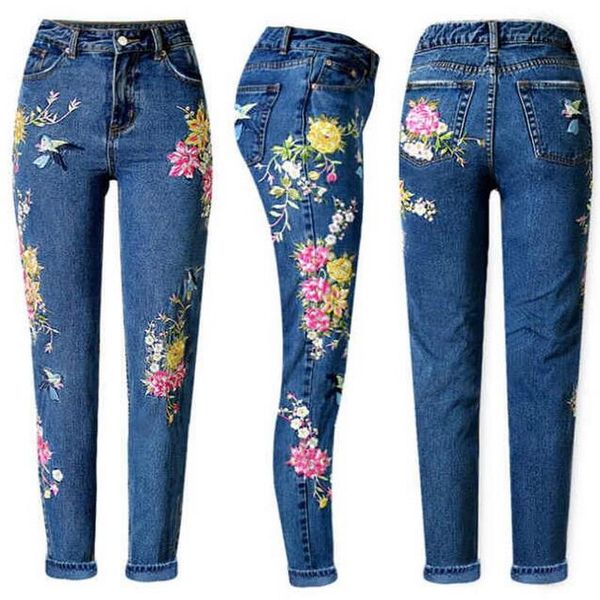 

women's jeans three-dimensional embroidered bird flower front and back embroidery high waist slim straight, Blue