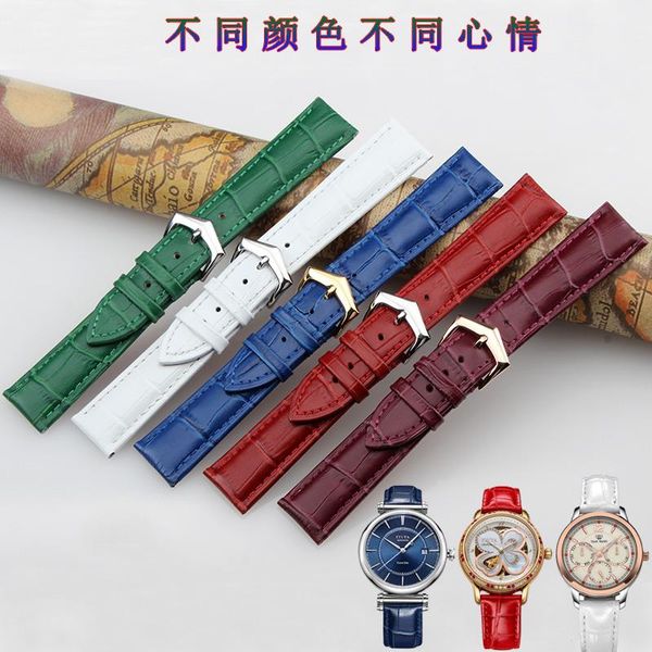 

watch bands colorful leather watchband (pink white red blue purple green) calfskin straps with steel pin buckle 12/14/16/18/19/20mm, Black;brown