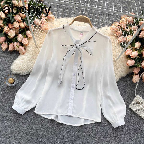 

women chiffon blouse retro turndown-collar single breasted casual summer korean bohemian blouses 210715, White