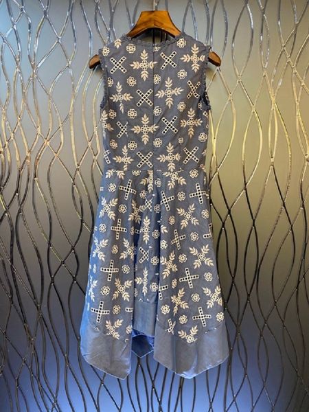 

dresses cotton summer fashion style ladies o-neck hollow out embroidery sleeveless asymmetrical gorgeous, Black;gray