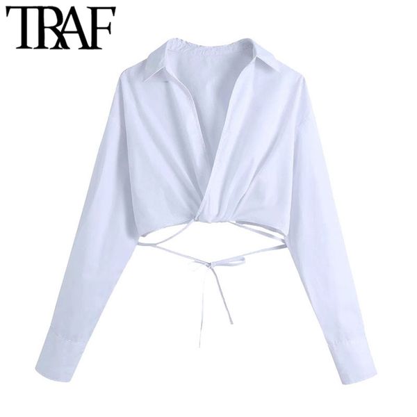 

women fashion with tie cropped white blouses vintage crossover v neck long sleeve female shirts chic 210507