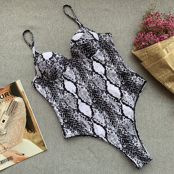 

2021 push up underwired snake print women swimwear one piece swimsuit female high cut ribbed bathing suit bra cup monokiniing