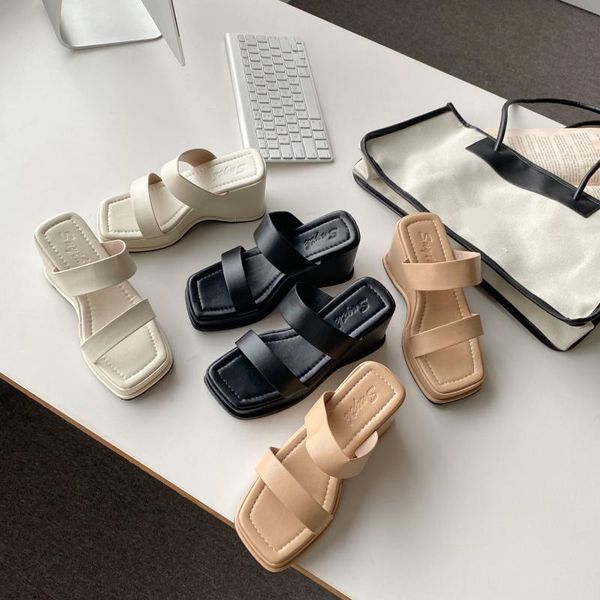 

slippers shoes woman 2021 casual on a wedge pantofle heeled mules platform luxury summer high fashion rome slides pu rubber, Black