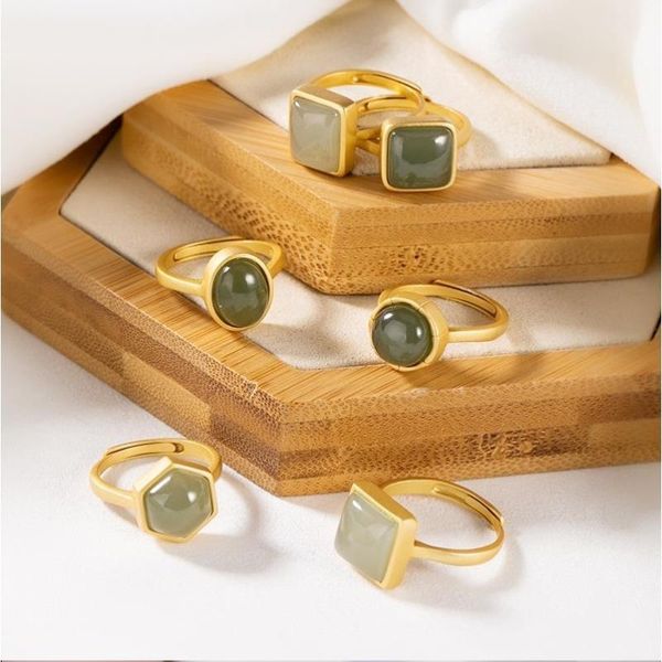 

cluster rings natural hetian jade geometric opening adjustable ring chinese retro bohemian elegant and luxurious women's jewelry, Golden;silver