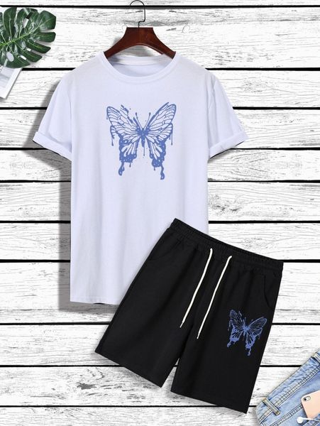 

men butterfly print tee & drawstring waist shorts 0274#, Gray