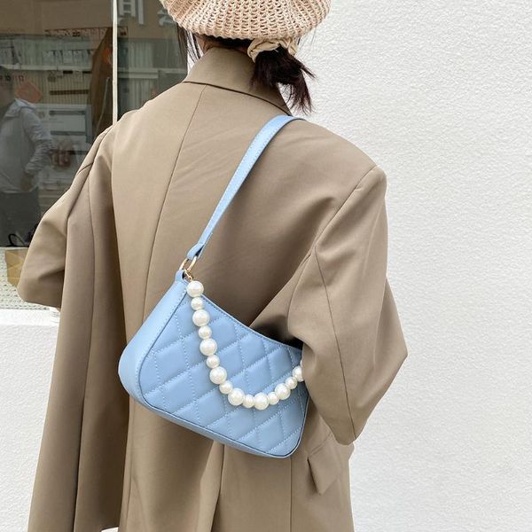 

evening bags 2021 fashion lattice pattern shoulder bag for women soft pu leather female pearl chain tote travel shopping underarm