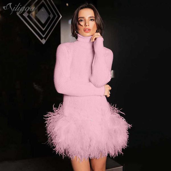 

ladies summer fashion sweater turtleneck dress feather patchwork long sleeve skinny elegant knit mini 210527, Black;gray