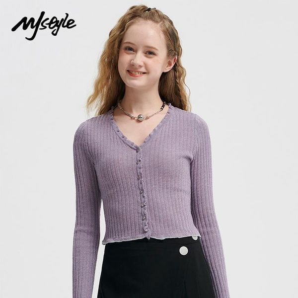 

women's knits & tees mjstyle 2021 spring korean style v-neck slim retro knitted long-sleeved t-shirt women , summer purple sweater 5211, White