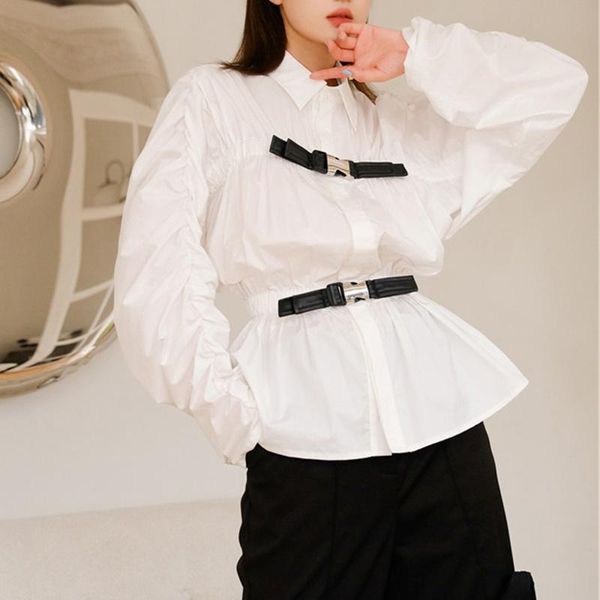 

women's blouses & shirts high street pleated white blouse women bow socket chic design long sleeve shirt 2021 contrast color fashion wo