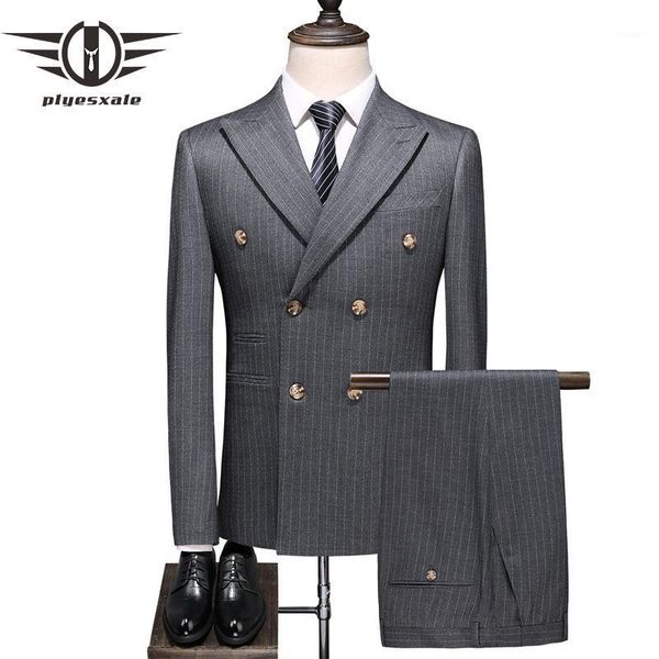 

plyesxale brand gray striped suit men slim fit wedding suits for elegant three piece mens double breasted 5xl q740 men's & blazers, White;black