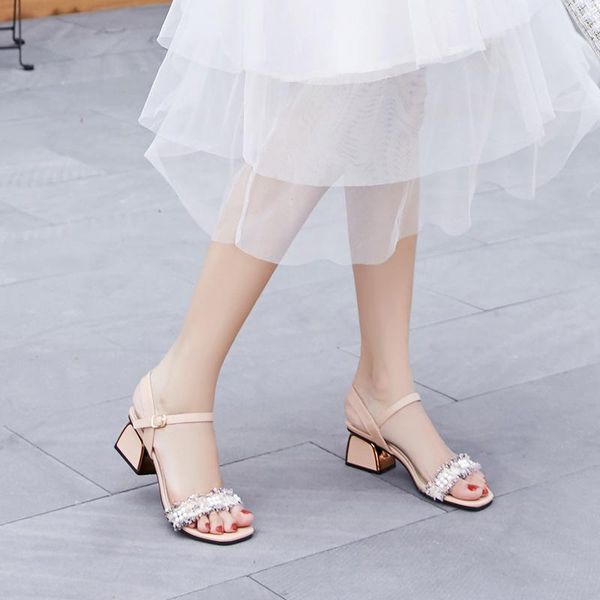 

tassel knitted sandals women beads open toe slippers med high heels flipflops gladiator buckle strap metal sandalias, Black