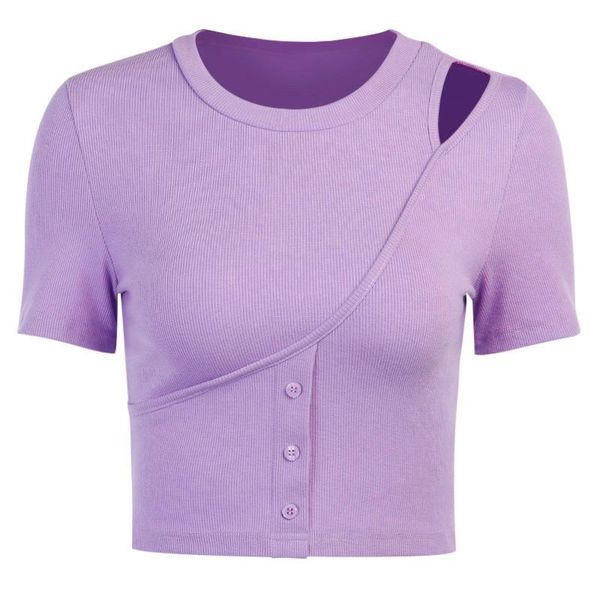 

women's t-shirt fanco 2021 summer women purple ladies solid color buttons exposed navel rib fashion short, White