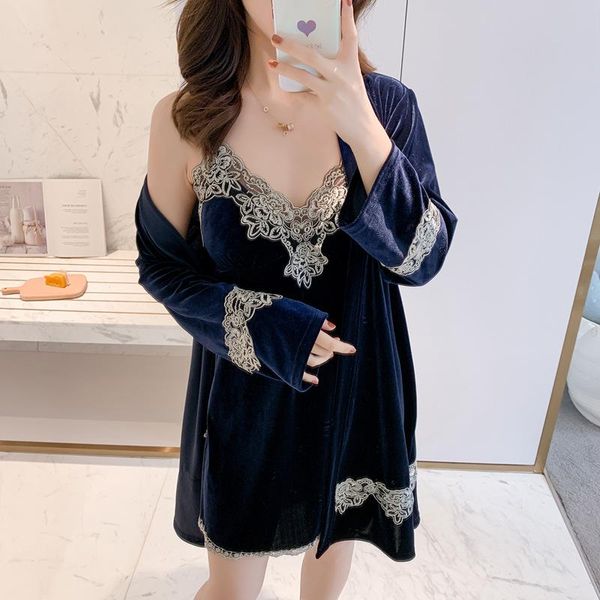 

women's sleepwear autumn winter velour women casual kimono bathrobe gown homewear nighty&robe set patchwork lace trim nightdress, Black;red