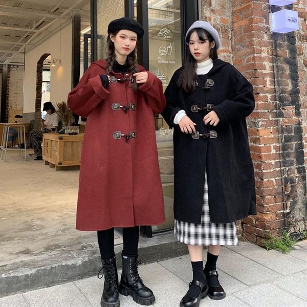 

women's wool & blends lucyever vintage wine red woolen overcoat women autumn winter warm long hooded coat woman fashion horn button jac, Black