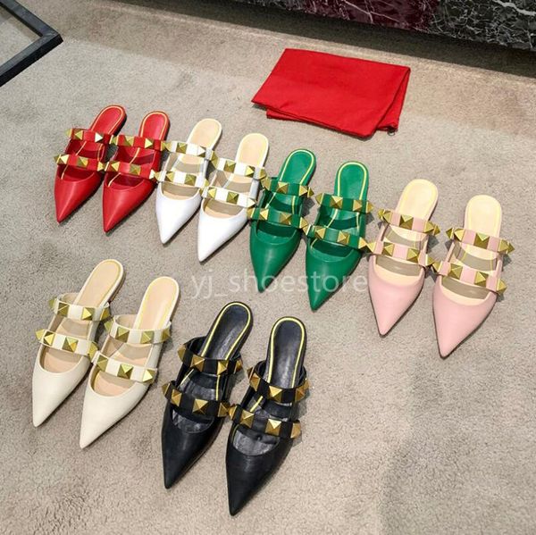 

2021 gold rivet sandals luxury designers women slippers flat heel sliders calfskin all-match stylist shoes 6.5cm high heels, Black