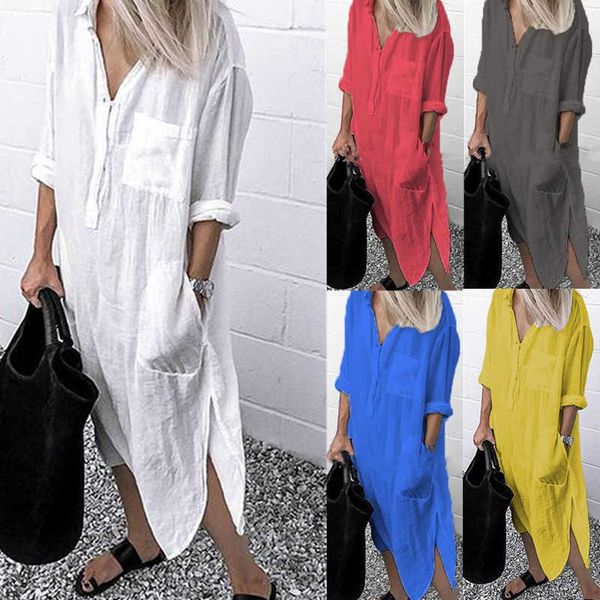 2021 verão e outono elegante cor sólida cor slit vestido simples botão longo camisa longa saia mulheres y1006