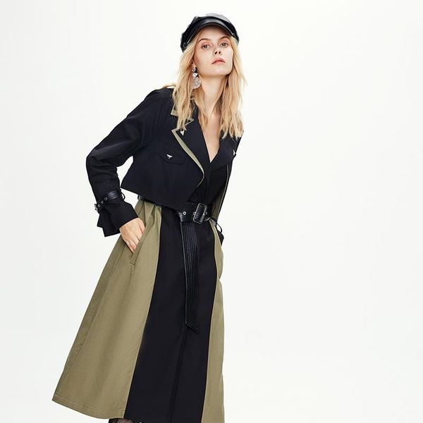 

women's trench coats 2021 autumn and winter coat fashionable color contrast windbreaker extended pure cotton 82006#, Tan;black