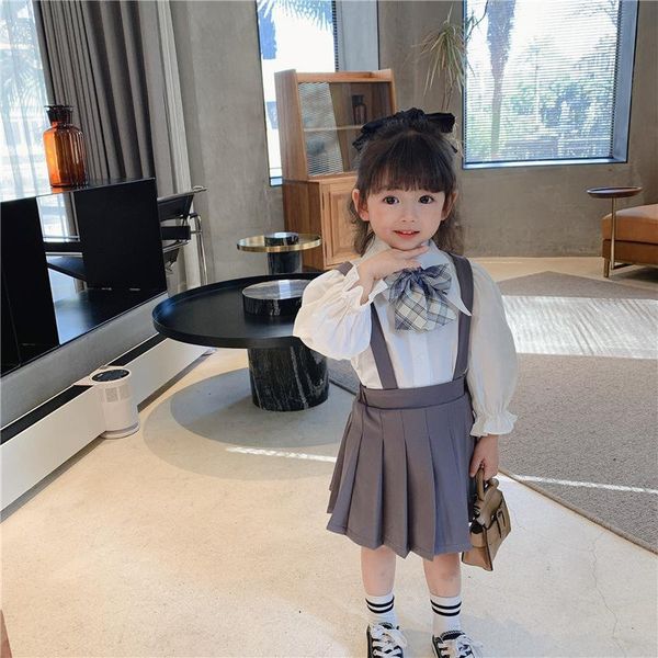 

clothing sets 2021 korea style girls boys 2 pcs set bow blouse + skirts spring full sleeve cotton kids suit clothes 2-7 years, White