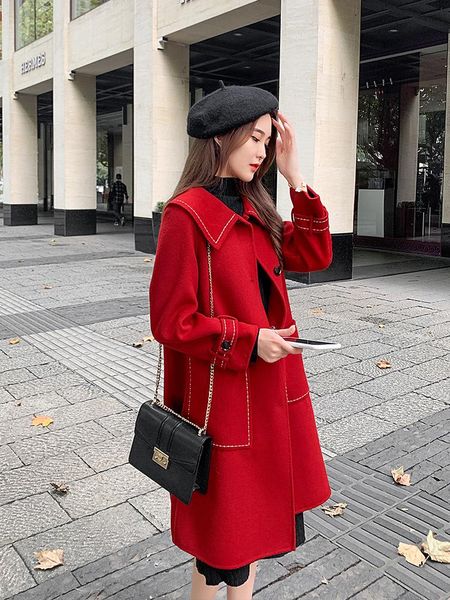 

women's wool & blends red double-sided cashmere coat autumn and winter 2021 small woolen tweed short, Black