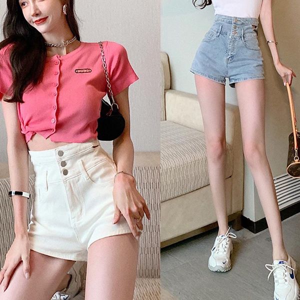 

women's jeans 2021 summer korean high waist side casual quality brand denim shorts ladies slim pants, Blue