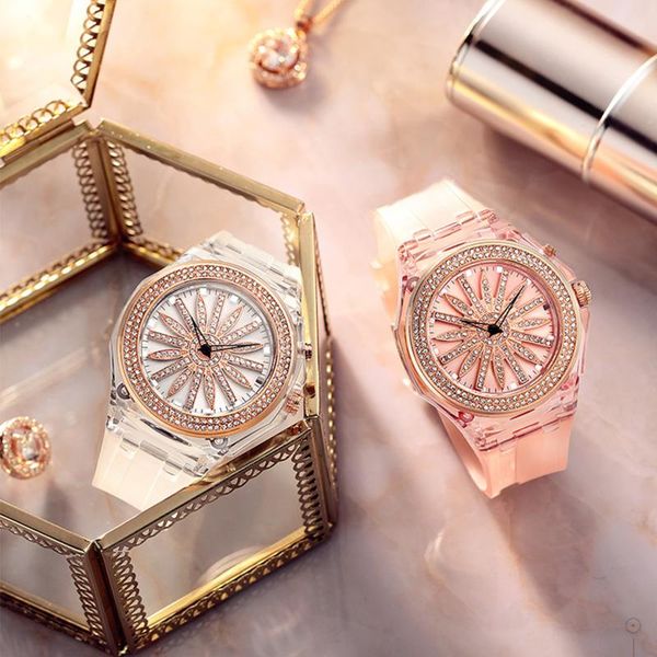 

wristwatches ladies quartz watch 360Â° rotating dial fashion waterproof led illuminated flower petal decoration relogio feminino, Slivery;brown