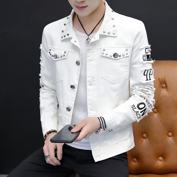

men's jackets spring fashion white denim jacket men korean clothes slim handsome rivet bomber, Black;brown