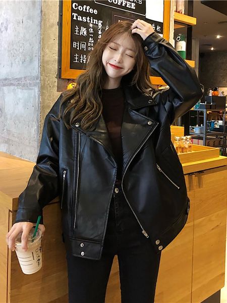 

women's leather & faux women jacket zip autumn turndown collar loose all-match streetwear pu biker coat casual outerwear female ins ti, Black
