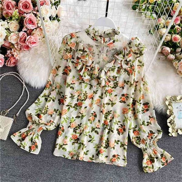 

spring autumn fashion temperament women's net yarn wooden ears stand collar puff sleeve loose floral chiffon shirt c129 210507, White